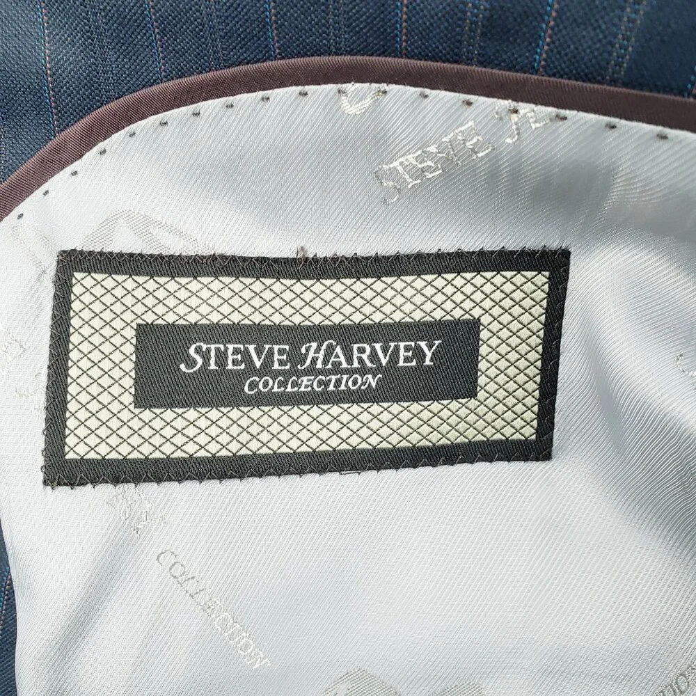 Steve Harvey Collection 2 Piece Suit Men's 42L 36x30 Blue Striped Wool Peak